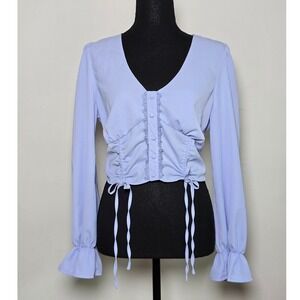 Milk & Honey Women Blouse Size L Light Blue Ruched Lace Cottagecore Milkmaid